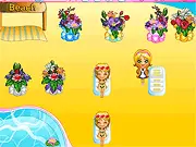 Screenshot of Sun and Fun game interface, showing a summer beach resort with a smiling hostess serving ice cream and cotton candy to customers.