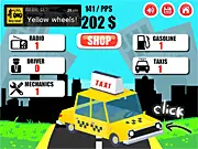Taxi INC online management game screenshot showing a fleet of taxi cars and the business management interface.