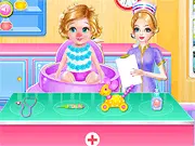 Screenshot of Labonita Nurse and Baby Care game showing a nurse caring for a sick baby with medical tools and later dressing her up in a cute outfit.