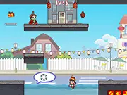 Screenshot from Brother And Sister Adventure game showing two sibling characters jumping across a platform while avoiding obstacles to recover gifts.