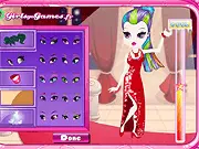 Screenshot of Diva Hairstyles game interface, showing a stylish character with vibrant, colorful hair being styled, surrounded by hair tools and color swatches.