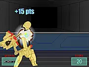 Screenshot of the Light Saber game interface showing a green lightsaber fighting against a red enemy in a dark training environment, ready for combat.