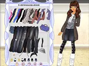 Cute girl model wearing a trendy denim jacket, jeans, and layered clothes for a fall-themed dress up game