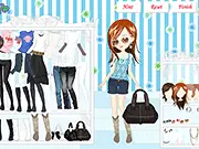 Denim Trend Office Edition free online game screenshot, showing a woman styled in black jeans, a nice blouse, and high heels for a professional work look