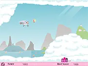 Screenshot of Sparkling Pegasus game showing a white unicorn with wings flying high above a field of clouds and rainbows