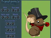 Transformice Dress-A-Mouse online game featuring a small mouse character wearing a funny hat and accessory