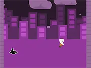 A character ascending a dark, industrial city skyline using a bellows for propulsion, dodging various enemy creatures.