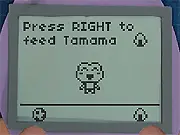 A pixelated virtual pet character, resembling an egg with feet, on a monochromatic screen, with two simple control buttons displayed below it.