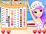 Screenshot of the Beauty Bride Dressup game showing a beautiful bride modeling an elegant white wedding gown, veil, and carrying a floral bouquet. Play the free online fashion game.