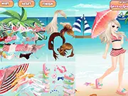 Sweet Bikini Dressup free online fashion game featuring a model in a stylish bikini on a sunny beach
