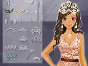 Beauty Queen Makeover game screen showing a glamorous contestant ready to be styled, with various elegant hairstyles and tiaras available