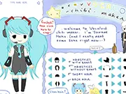 Vocaloid Chibi Maker game screen showing an adorable miniature anime character with colorful hair and customizable outfits