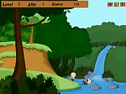 Ramu in Jungle free online survival action game where Ramu uses a wooden stick to counterattack Mondkies throwing stones and sticks