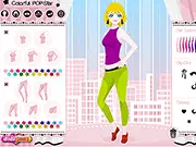 A stylishly dressed female popstar singer standing on a stage ready for a concert in the Colorful Popstar free online game.