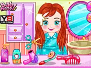 Baby Anna Long Hair Salon game screenshot, helping Anna's mother style the baby's hair while she plays with a toy, play free online