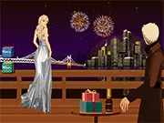 Free online fashion game screenshot for Fireworks View Dressup showing a woman in a glamorous gown ready for a New Year's event.