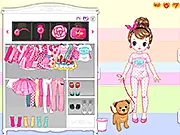 Screenshot of Pink Lolita dress up game, a cute character wearing a pink frilly Lolita dress and a spring green accessory
