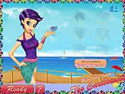 Caribbean Beach Dressup free online game screenshot showing a girl in a stylish tropical outfit on a sunny beach