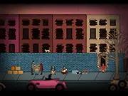 Screenshot of The Apple Thief game showing a street urchin jumping over an obstacle on a rooftop while being chased by a policeman. Play the free run and jump game online.
