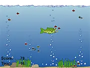 Screenshot of A Day in Water free game showing a fish eating a fly on the water surface while avoiding a fishing hook
