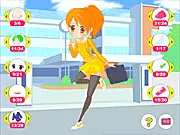 Screenshot of the Cute Student Dress Up game showing a girl model surrounded by icons of various school-themed clothes, skirts, shirts, and accessories to play the free online fashion game.