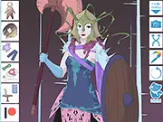 Dark Warrior Creator game screenshot, custom-designed female warrior character in dark armor and holding a sword, free RPG creator game