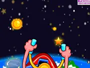 Star Collections game screenshot showing a spaceship narrowly avoiding large, grey space rocks while collecting glowing yellow stars in a dark blue cosmos