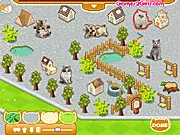 Screenshot of the Cat Village decorating game showing a charming scene with a small house, lush trees, a pond, and an adorable cat character, showcasing the free online design game.