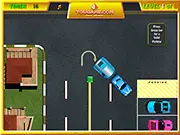 Screenshot of Caravan Parking 2 showing a long caravan and car navigating a tight corner in a designated parking lot with a yellow time indicator.
