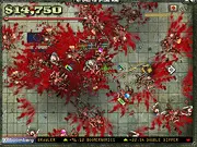 Daytraders of the Dead game screenshot, showing a character shooting a horde of zombies and collecting dropped money/credit cards, online shooter