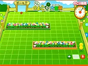 Screenshot of the Chick Walk online game, showing a maze grid with small yellow chicks walking along directional arrows toward a hen mother.