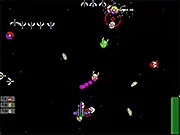 Screenshot of SDS Bugship Battalion game showing a spaceship firing probes at a swarm of alien bugships in space