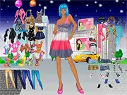 Night Shopping Dressup game featuring a stylish woman outside a shop at night with her new purchases, free online fashion game