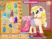 Sweet Baby Pony game screenshot featuring an adorable cartoon pony with a colorful mane, adorned with bows and sparkling accessories on a farm background