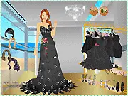 Screenshot of Black Gowns Dressup game showing a model in a long, elegant black evening gown