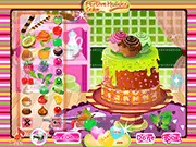 Decorating a multi-layered cake with festive holiday-themed icing and decorations in the free online game