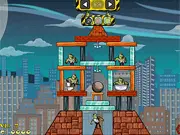 Zombie Demolisher 3 game screenshot, showing a crane with a wrecking ball next to a dilapidated building structure with green zombies trapped inside, highlighting the physics puzzle aspect.