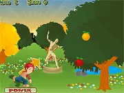 Bigtree physics game screenshot showing a character aiming an object to knock fruit off a large tree