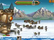 Screenshot of Castle Rush online game, a large walking castle firing projectiles at an army of small incoming enemies