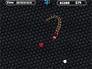 Screenshot of Neon Snake showing a glowing neon snake chasing a red dot on a dark grid, with a white dot hazard nearby.