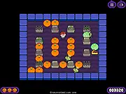 Graveyard Maniacs game screenshot, pixel art character pushing a pumpkin into a zombie enemy, classic puzzle game level layout