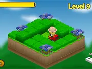 Garden Rush game screenshot, a lawnmower cutting green grass tiles in a grid puzzle, free online game