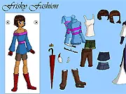 A female model wearing a brightly colored, playful and energetic outfit styled in the Frisky Fashion dress-up game