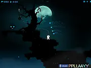 Screenshot of Ghostly Me game, a small white spirit figure and its black shadow in a colorful, abstract platformer level with portals
