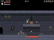 Screenshot of Wizard Hult game, a wizard character standing next to a created stone monolith inside a dark, trap-filled gothic castle