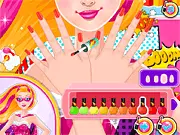 Super Princess Super Nails game screen showing a colorful manicure with rings, bracelets, and hand tattoos, free beauty salon game
