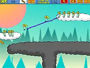 Screenshot of the game Falling Angels showing little angel characters sliding down a user-drawn line towards the bottom of the screen while avoiding black, menacing dark clouds, physics puzzle game