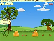 The Green Archer character aiming a bow and arrow at various floating objects and targets in the 2D side-scrolling Green Archer 2 online game.