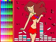 Screenshot of the Dancing Girl Coloring online game showing a black and white line drawing of a girl dancing with music notes around her, and a selection of colors ready to be used.