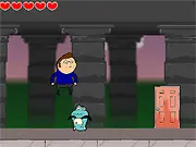 Screenshot of the You Only Live Once platformer game, featuring the main character Jemaine on a pixelated stage with a 'Game Over' grave screen.